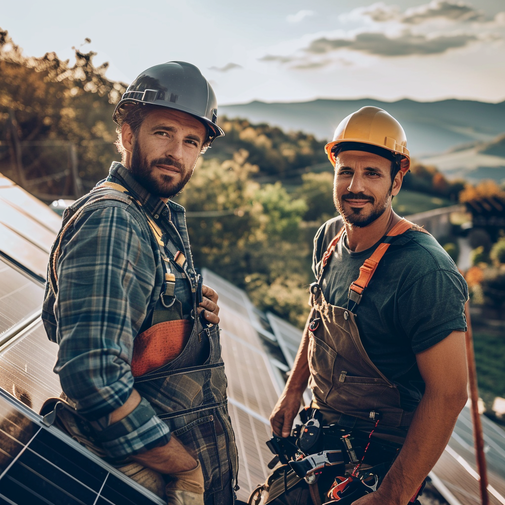 ouvrier qui mettent en place des systemes solaires combinés